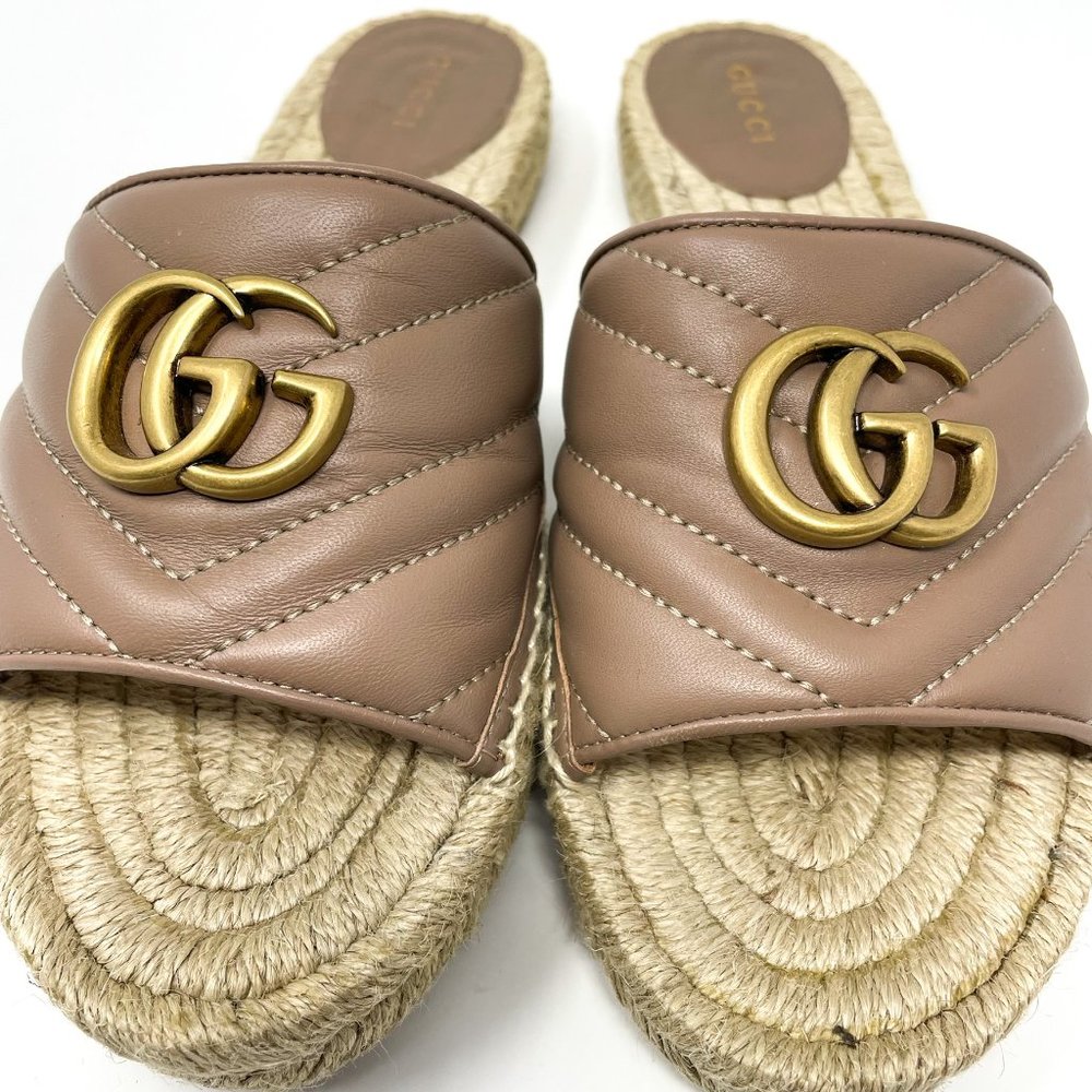 SOLD Gucci Marmont GG Espadrille Sandals Matelasse Brown Quilted Flat Sz 37 US 7 - Picture 3 of 13